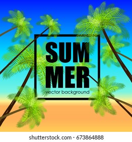The concept of a postcard on a summer theme with summer attributes. Beach vacation, palm trees, tropics, beach, sea. Vector illustration, banner.