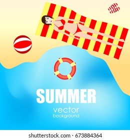 The concept of a postcard on a summer theme with summer attributes. 
Beach vacation, palm trees, tropics, beach, sea, sand, ball, girl, towel, lifebuoy. Vector illustration, banner.
