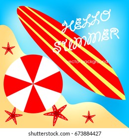 The concept of a postcard on a summer theme with summer attributes. 
Beach vacation, palm trees, tropics, beach, sea, sand, surfboard, umbrella, starfish. Vector illustration, banner.