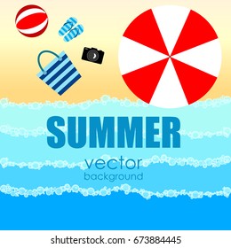 The concept of a postcard on a summer theme with summer attributes. 
Beach vacation, palm trees, tropics, beach, sea, umbrella, slippers, camera, ball. Vector illustration, banner.