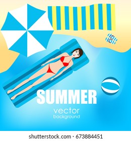 The concept of a postcard on a summer theme with summer attributes. 
Beach vacation, palm trees, tropics, beach, sea, sand, umbrella, ball, slippers, towel. Vector illustration, banner.