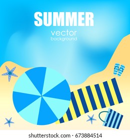 The concept of a postcard on a summer theme with summer attributes. 
Beach vacation, palm trees, tropics, beach, sea, sand, umbrella, starfish, slippers, towel. Vector illustration, banner.