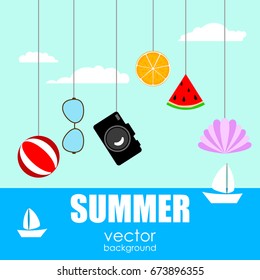 The concept of a postcard on a summer theme with summer attributes. 
Summer vacation, sea, shell, watermelon, sunglasses, orange, camera, ball, ship. Vector illustration, banner.