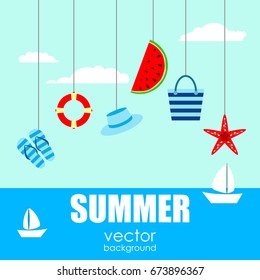 The concept of a postcard on a summer theme with summer attributes. 
Summer vacation, sea, starfish, flip-flops, ball, life ring, hat, beach bag, watermelon. Vector illustration, banner.