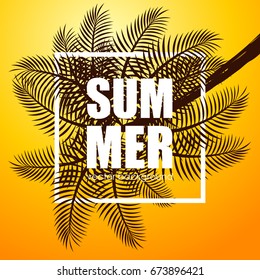 The concept of a postcard on a summer theme with summer attributes. Beach vacation, palms, tropics, silhouette. Vector illustration, banner.