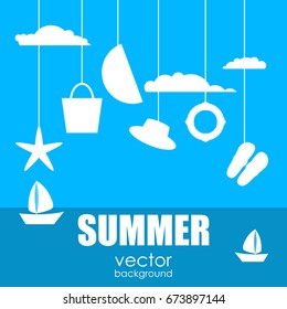 The concept of a postcard on a summer theme with summer attributes. 
Summer vacation, sea, starfish, slippers, ball, life ring, beach bag, watermelon, ship, silhouette. Vector illustration, banner.