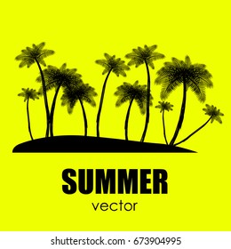 The concept of a postcard on a summer theme with summer attributes. Summer vacation, sea, tropics, palm tree, silhouette. Vector illustration, banner.