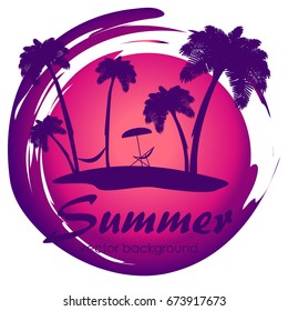 The concept of a postcard on a summer theme with summer attributes. Summer vacation, sea, tropics, palm, island, silhouette. Vector illustration, banner.