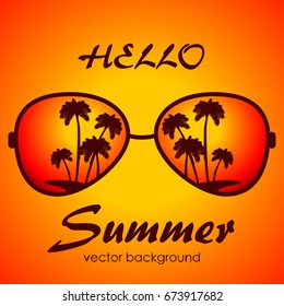 The concept of a postcard on a summer theme with summer attributes. 
Summer vacation, sea, tropics, palm tree, sunglasses, silhouette. Vector illustration, banner.