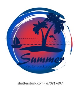 The concept of a postcard on a summer theme with summer attributes. Summer vacation, sea, tropics, palm, island, ship, dolphin, silhouette. Vector illustration, banner.