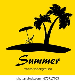 The concept of a postcard on a summer theme with summer attributes. 
Summer vacation, sea, tropics, palm, island,  silhouette. Vector illustration, banner.