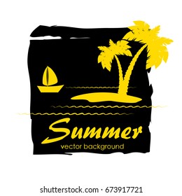 The concept of a postcard on a summer theme with summer attributes. 
Summer vacation, sea, tropics, palm tree, ship, silhouette. Vector illustration, banner.