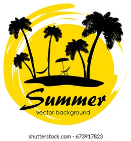 The concept of a postcard on a summer theme with summer attributes. Summer vacation, sea, tropics, palm, island, silhouette. Vector illustration, banner.