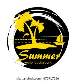 The concept of a postcard on a summer theme with summer attributes. Summer vacation, sea, tropics, palm, island, ship, dolphin, silhouette. Vector illustration, banner.