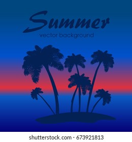 The concept of a postcard on a summer theme with summer attributes. Summer vacation, sea, tropics, palm tree, silhouette. Vector illustration, banner.