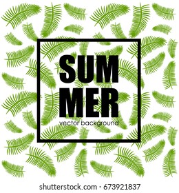 The concept of a postcard on a summer theme with summer attributes. Summer vacation, sea, tropics, palm tree, silhouette. Vector illustration, banner.