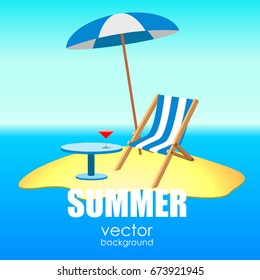 The concept of a postcard on a summer theme with summer attributes. 
Summer vacation, sea, tropics, palm tree, island, reclining chair, umbrella. Vector illustration, banner.