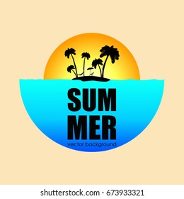 The concept of a postcard on a summer theme with summer attributes. 
Summer vacation, sea, sun, island with palm trees, silhouette. Vector illustration, banner.