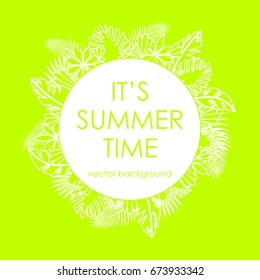 The concept of a postcard on a summer theme with summer attributes. Summer vacation, tropical plants. Vector illustration, banner.