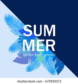 The concept of a postcard on a summer theme with summer attributes. Summer vacation, tropical plants. Vector illustration, banner.