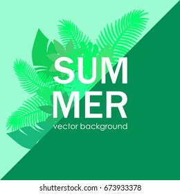 The concept of a postcard on a summer theme with summer attributes. Summer vacation, tropical plants. Vector illustration, banner.