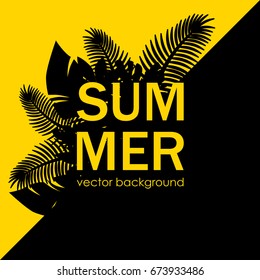 The concept of a postcard on a summer theme with summer attributes. Summer vacation, tropical plants. Vector illustration, banner.