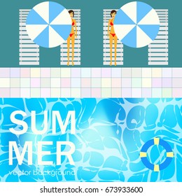 The concept of a postcard on a summer theme with summer attributes. 
Summer vacation, swimming pool, umbrella, girl, life ring, sun lounger. Vector illustration, banner.
