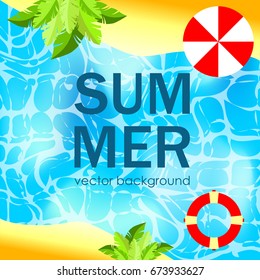 The concept of a postcard on a summer theme with summer attributes. 
Summer vacation, sea, beach, sand, umbrella, life ring. Vector illustration, banner.