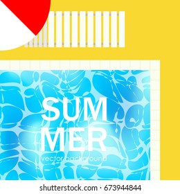 The concept of a postcard on a summer theme with summer attributes. 
Summer vacation, swimming pool, umbrella, sun lounger. Vector illustration, banner.