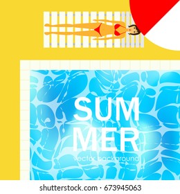 The concept of a postcard on a summer theme with summer attributes. 
Summer vacation, swimming pool, umbrella, girl, sun lounger. Vector illustration, banner.