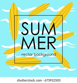 The concept of a postcard on a summer theme with summer attributes. Summer vacation, abstraction, waves, surfboard. Vector illustration, banner.