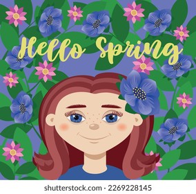 
Concepto de postal, cartel, primavera de saludo de afiche. Chica sonriente, linda, con pecas y una flor en el cabello sobre un fondo de flores brillantes.