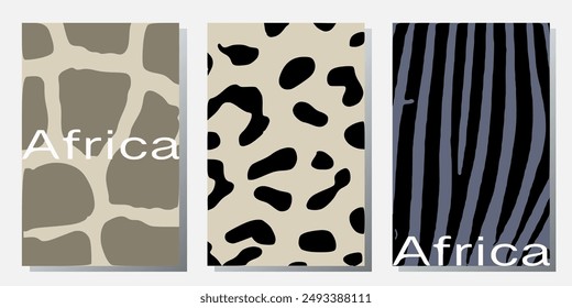 Сreative concept of postcards with an abstract image of a zebra, leopard, giraffe texura in a minimalistic style. Modern art design templates for holidays, advertising, branding, banners, covers,label