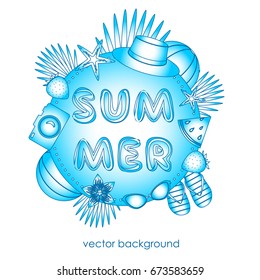 The concept of postcards on the summer theme with summer elements. 
Hat, ball, flip-flops, strawberry, glasses, camera, starfish, watermelon. Vector illustration.