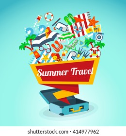 Concept poster with abstract bag and summer travel slogan springing out with sunglasses towel flop flops and other symbols of summer beach vacation vector illustration