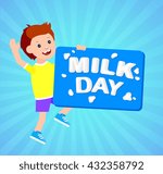 Concept poster to advertise milk. Vector illustration with milk lettering. Child with banner