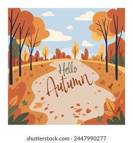 Concept poster parque otoñal con caída de hojas. Ilustración vectorial plana horizontal