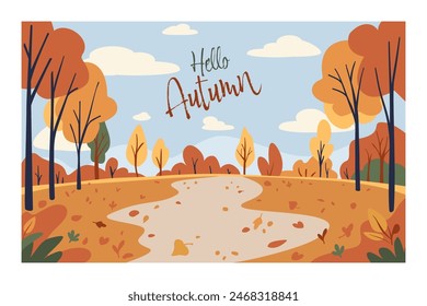 Konzeptposter Herbstpark mit Blattfall. flache Vektorillustration