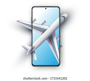 Concept of poster of booking online tickets, airlines. Start screen of booking tickets online application. Realistic 3d plane. Ticket ordering concept.