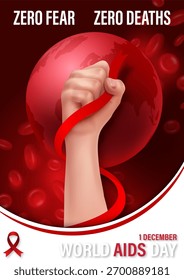 Campanha do cartaz do conceito do Dia Mundial da Aids com a mão humana para cima e segurando a consciência fita vermelha, redação do evento e textos de exemplo sobre o globo vermelho, fundo de glóbulos vermelhos. Tudo em design vetorial