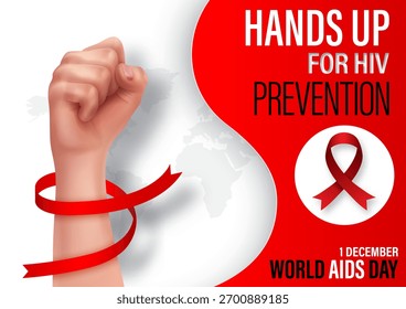 Konzept Plakatkampagne des Welt-Aids-Tages mit der menschlichen Hand und dem roten Band des Bewusstseins, Wortlaut der Veranstaltung und Beispieltexte auf der Weltkarte und weißem Hintergrund. Alles im Vektordesign