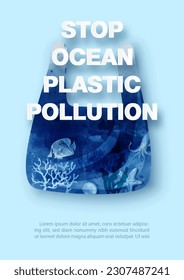 Concept poster campaign of world ocean day in watercolors style with slogan of plastic pollution, example texts on blue background.