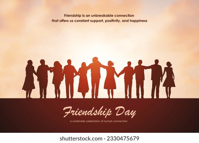 Concept poster design for International Friendship Day. A group of eleven people. Silhouettes of people holding hands. Vector illustration