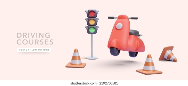 Cartel conceptual para cursos de conducción en 3d de estilo realista con patinete, conos de tráfico y semáforos. Ilustración del vector