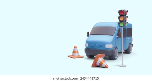 Concept poster for driving school in 3d realistic style with van, traffic cones and traffic lights. Vector illustration