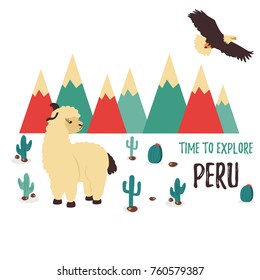 Concept poster explore Peru with cute lama 