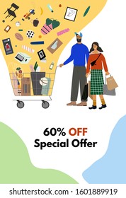 Concept poster or flyer for shop sales and discounts. Happy woman and man standing together and holding shopping cart and bags with purchases.  Cartoon characters. Colorful flat vector illustration.