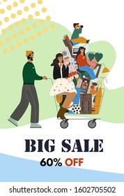 Concept poster or flyer for shop sales and discounts. Happy family are with shopping cart full of purchases. Cartoon characters. Colorful flat vector illustration.