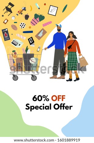 Concept poster or flyer for shop sales and discounts. Happy woman and man standing together and holding shopping cart and bags with purchases.  Cartoon characters. Colorful flat vector illustration.