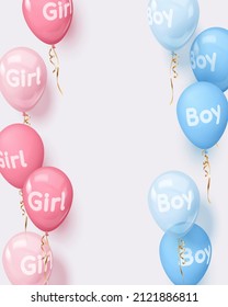 Concept for poster for gender reveal party with realistic pink and blue balloons with text boy, girl, gold ribbons. Vector illustration for card, , design, flyer, poster, banner, web, advertising. 